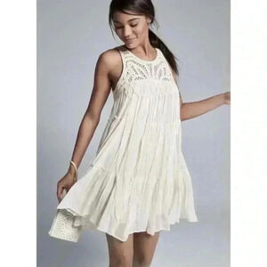 Zara Womens Cream Boho Lined Sleeveless Fringed Tiered Mini Swing Dress Size XS